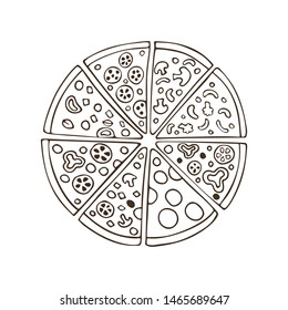 Linear image of pizza slices on a white background. Suitable for logos, menus, vestrin, prints on t-shirts.