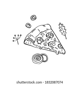 Linear image of a slice of pizza and ingredients in doodle style. Italian fast food with shrimps. Black line on white isolated background. Vector. Template for menu, signboard, flyer, poster