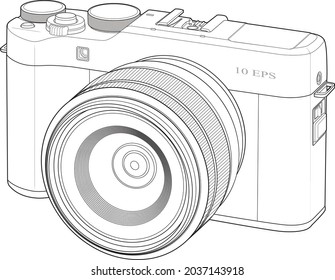 ein lineares Bild einer SLR-Kamera auf weißem Hintergrund. Konturstil