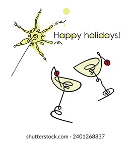 A linear image of a sparkler with glasses of champagne. Modern art of continuous lines, aesthetic contour. Christmas symbol for greeting cards, prints, posters, stickers, banners, invitations. Vector