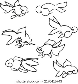 Linear image. Vector drawing of various breeds of goldfish. Design for illustrations, labels, pet stores.