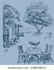 Linear image of a village house. Pen sketch converted to vectors.