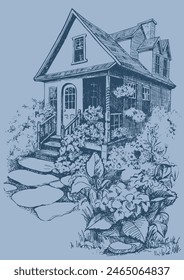 Linear image of a village house. Pen sketch converted to vectors.