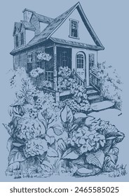 Linear image of a village house. Pen sketch converted to vectors.