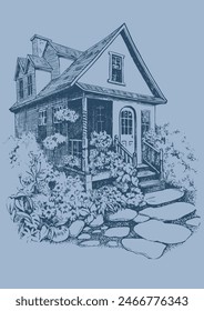 Linear image of a village house. Pen sketch converted to vectors.