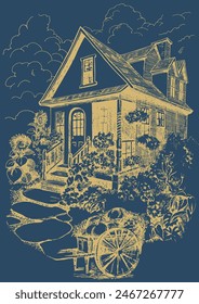 Linear image of a village house. Pen sketch converted to vectors. 