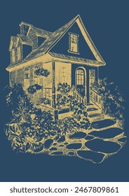 Linear image of a village house. Pen sketch converted to vectors. 