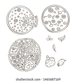Сollection of linear images of pizzas on a white background. Suitable for logos, brochures, vestrin, prints on t-shirts.