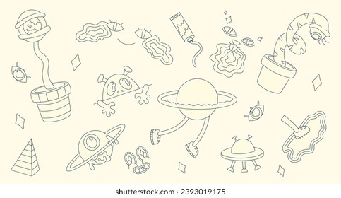 
Linear images of space elements. Set of retro cartoon characters. Flat image. Nostalgia for the 80-90 years. Psychedelic images, illustrations. Alien, monster, planet, flying saucer. EPS10
