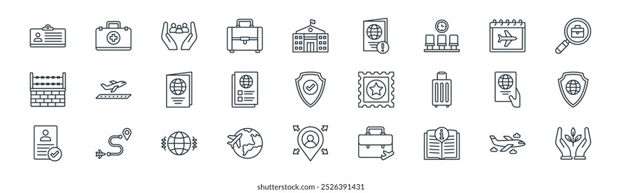 linear immigration icon pack. vector thin line plane, first aid kit, refugee, vacation, document, shield, direction, naturalization icons suitable for apps and websites ui designs