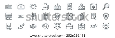 linear immigration icon pack. vector thin line plane, first aid kit, refugee, vacation, document, shield, direction, naturalization icons suitable for apps and websites ui designs