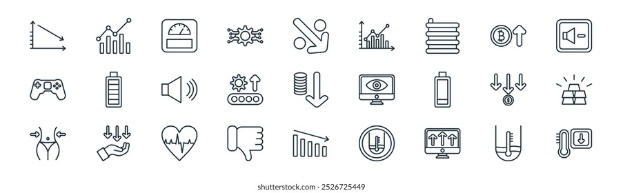 linear increase and decrease icon pack. vector thin line water level, bar chart, weight scale, increase, increase, gold bars, decrease, low temperature icons suitable for apps and websites ui