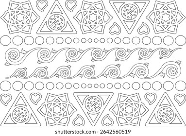 Linear Indian Inspired Geometric and Floral Pattern, A seamless linear pattern featuring Indian-inspired geometric shapes, stars, triangles, circles, hearts, and floral swirl elements in black