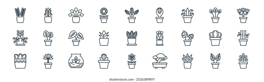 linear indoor plants icon pack. vector thin line aglaonema, bromelia, pilea, rubber plant, aloe vera, bamboo, amaryllis, ficus icons suitable for apps and websites ui designs