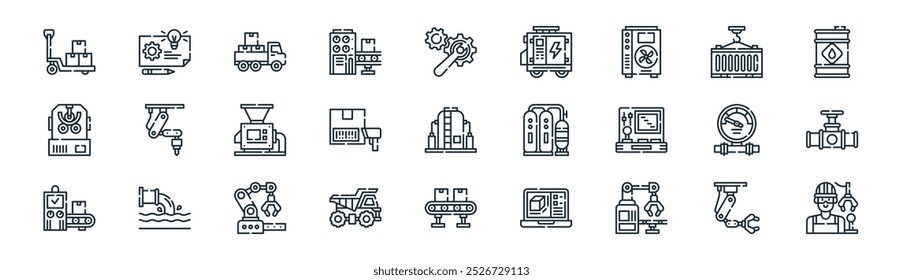 linear industrial process icon pack. vector thin line robotic arm, prototype, distribution, container, barcode, valve, conveyor, operator icons suitable for apps and websites ui designs