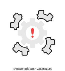 linear inefficient process like broken gear icon. flat trend logotype graphic design web element isolated on white. concept of factory development symbol or install problem sign with exclamation mark