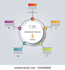 Linear infographic circle template with 5 options. Vector banner for business infographics. Can be used for cycle diagram, round chart, graph, presentation, report, step options, web design.