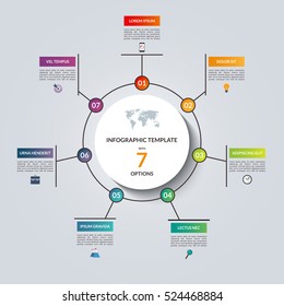 Linear infographic circle template with 7 options. Vector banner for business infographics. Can be used for cycle diagram, round chart, graph, presentation, report, step options, web design.