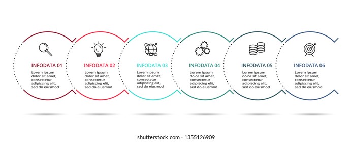 Linear infographic design vector and marketing icons for diagram, graph, presentation and round chart. Concept with 6 options