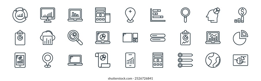 Vector de la línea delgada del globo, monitor, ordenador portátil, personas, ordenador portátil, gráficos, estadísticas, iconos de la infografía convenientes para los App y los Sitios web