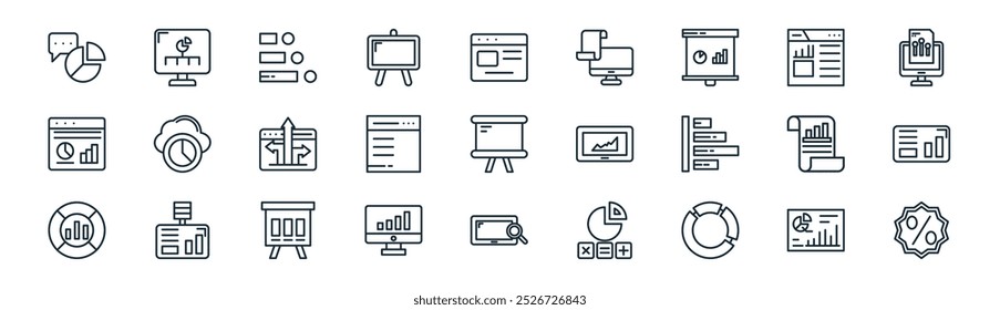 infográfico linear ícone pack. vetor linha fina infográfico, diagrama, lista, infográfico, notas, estatísticas, tablet, ícones de desconto adequados para aplicativos e sites projetos de iu
