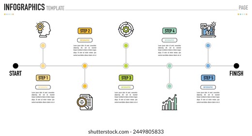 Linear infographic template or element with 5 step, process, option, colorful tag, button, label, icons, row, fishbone, paper, origami, minimal from start to finish for sale slide, web, flowchart