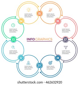 Linear infographics. Circular chart, graph with 8 steps, options. Vector design element.