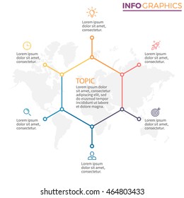 Linear infographics. Outline hexagonal chart, graph with 6 steps, options. Vector design element.