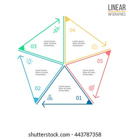 Linear infographics. Outline pentagon with arrows. Vector element.