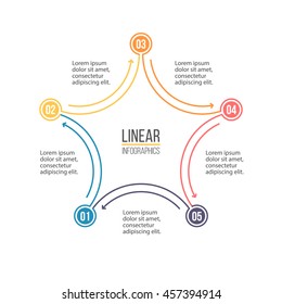 Linear infographics. Outline pentagonal diagram, chart, graph with 5 steps, options, parts  with arrows. Vector design element.