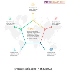 Linear infographics. Outline polygonal chart, graph with 5 steps, options. Vector design element.