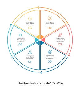 Linear infographics. Pie chart, diagram with 6 steps, options. Vector design element.