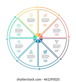 Linear infographics. Pie chart, diagram with 8 steps, options. Vector design element.