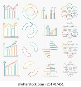 Linear infographics set. Templates for diagram, graph, presentation and round chart. Business concept with 6 options, parts, steps or processes. 