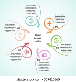 Linear infographics template with 6 steps or options. Can be used for infographic, banner, poster, web design, education, brochure, presentation. Vector illustration