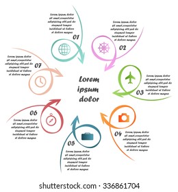 Linear infographics template with 7 steps or 7 options. For infographic, banner, poster, web design, education, brochure, presentation. Vector illustration