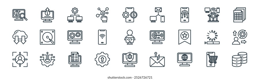 linear information technology icon pack. vector thin line mobile shopping, information, computer, governance, wifi connection, generate, antivirus, database icons suitable for apps and websites ui