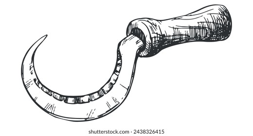 Linear ink drawing of sickle icon. Vector sickle for cutting herb harvest in vintage engraving technique isolated on white background. An ancient rural instrument.