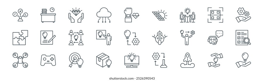 linear innovation icon pack. vector thin line invention, workplace, value, scan, presentation, survey, application, problem solving icons suitable for apps and websites ui designs