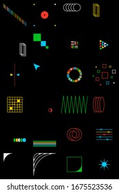 Linear inspired artwork of vector abstract symbols with bright neon colored geometric shapes, useful for web background, poster art design, magazine front page, hi-tech print, cover artwork.