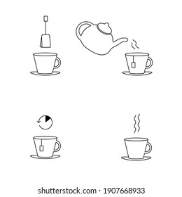 linear instructions for brewing tea in a teapot. steps how to make hot drink. cooking infographic for manual on package. black silhouette editable signs. simple graphic elements on white background