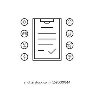 linear insurance contract icon. concept of conclusion of an agreement that protects the property, health and life of insured person. set of human, house, plane, tornado. green simple signs on white