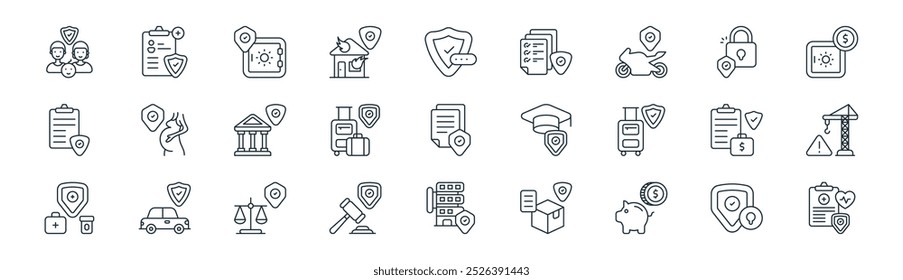 Vector de protección de línea delgada, seguro, caja fuerte del banco, seguro, equipaje, construcción, edificio, iconos de seguro de salud adecuados para App y Sitios web Diseños de UI