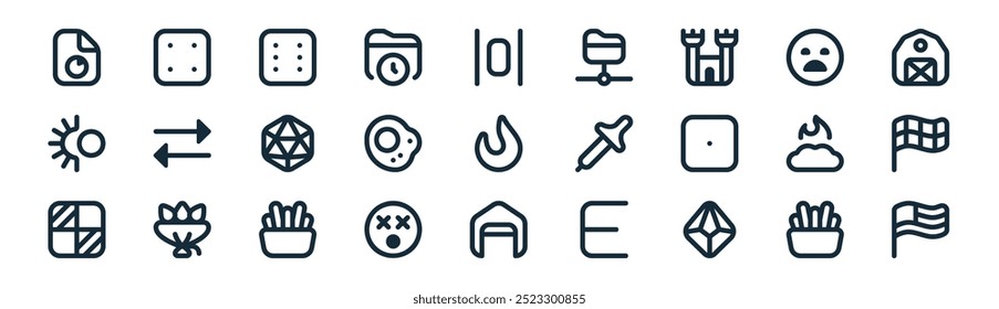 linear interface icon pack. vector thin line french fires, dice four, dice six, frown, egg fried, flag checkered, garage open, flag usa icons suitable for apps and websites ui designs