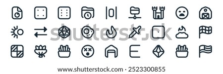 linear interface icon pack. vector thin line french fires, dice four, dice six, frown, egg fried, flag checkered, garage open, flag usa icons suitable for apps and websites ui designs