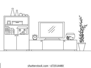 Linear interior with a closet, TV and aquarium. Vector illustration.