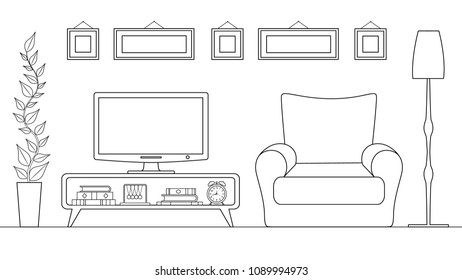 Linear interior. Design and decoration of the TV zone. Plan for arranging furniture.