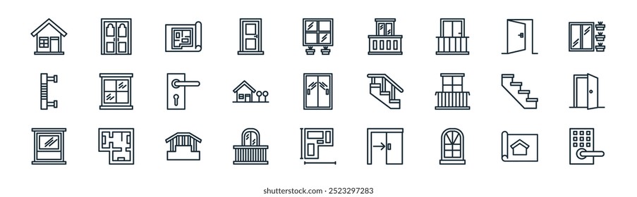 linear interior design icon pack. vector thin line blueprint, door, blueprint, open door, home, open door, blueprint, handle icons suitable for apps and websites ui designs