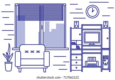 Linear interior design illustration of modern designer workplace interior space with shelves, a Desk, computer, chair. Graphic sketch.