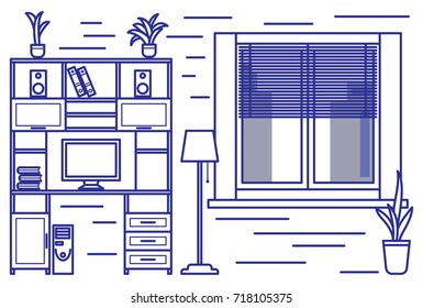 Linear interior design illustration of modern designer workplace interior space with shelves, a Desk, computer, chair. Graphic sketch.
